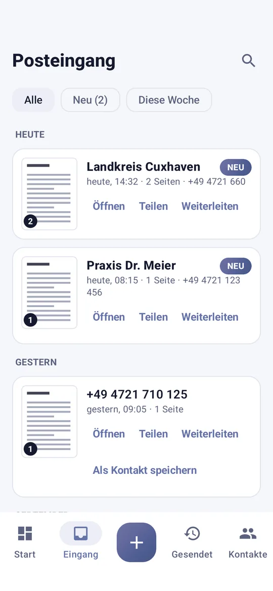 Android-App: Posteingang mit Vorschau der empfangenen Faxe