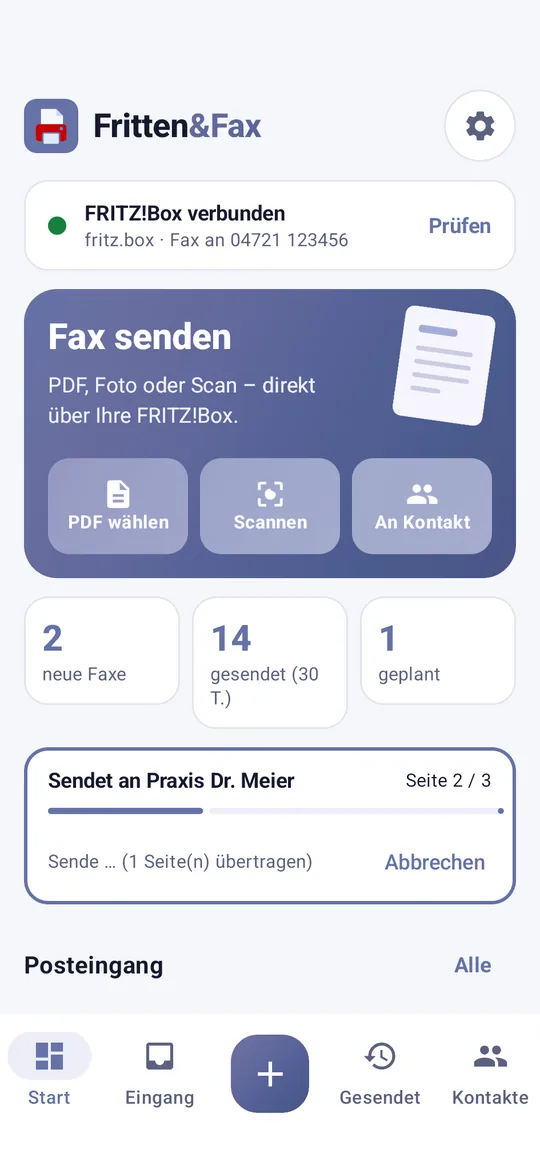 Android-App: Startseite mit Box-Status und „Fax senden“