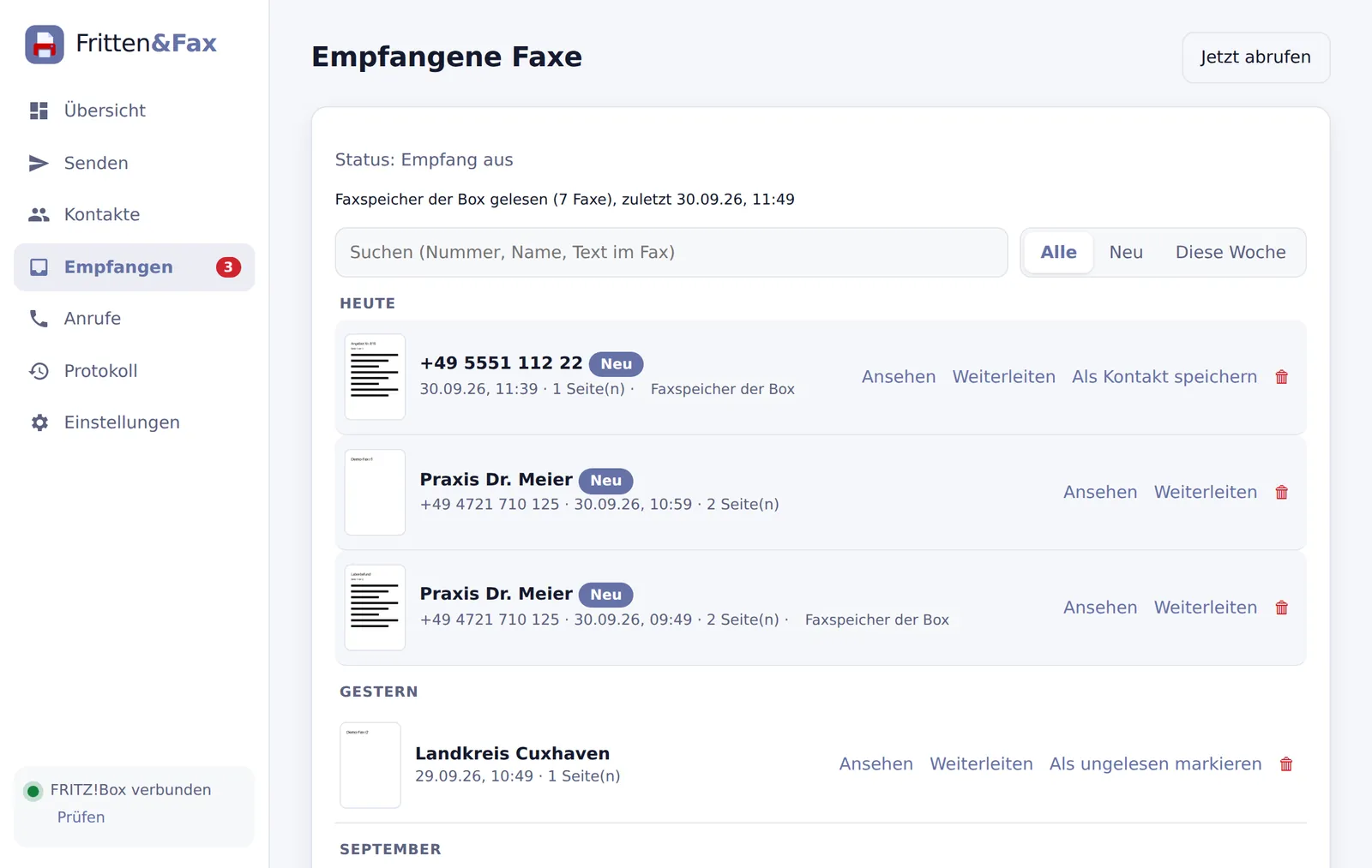 Empfangene Faxe mit Suche, Ansehen und Weiterleiten